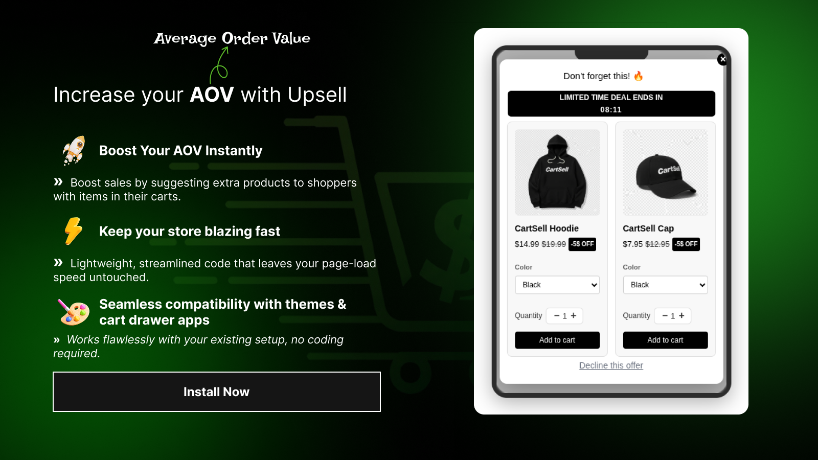 CartSell popup upsell interface showing product recommendations